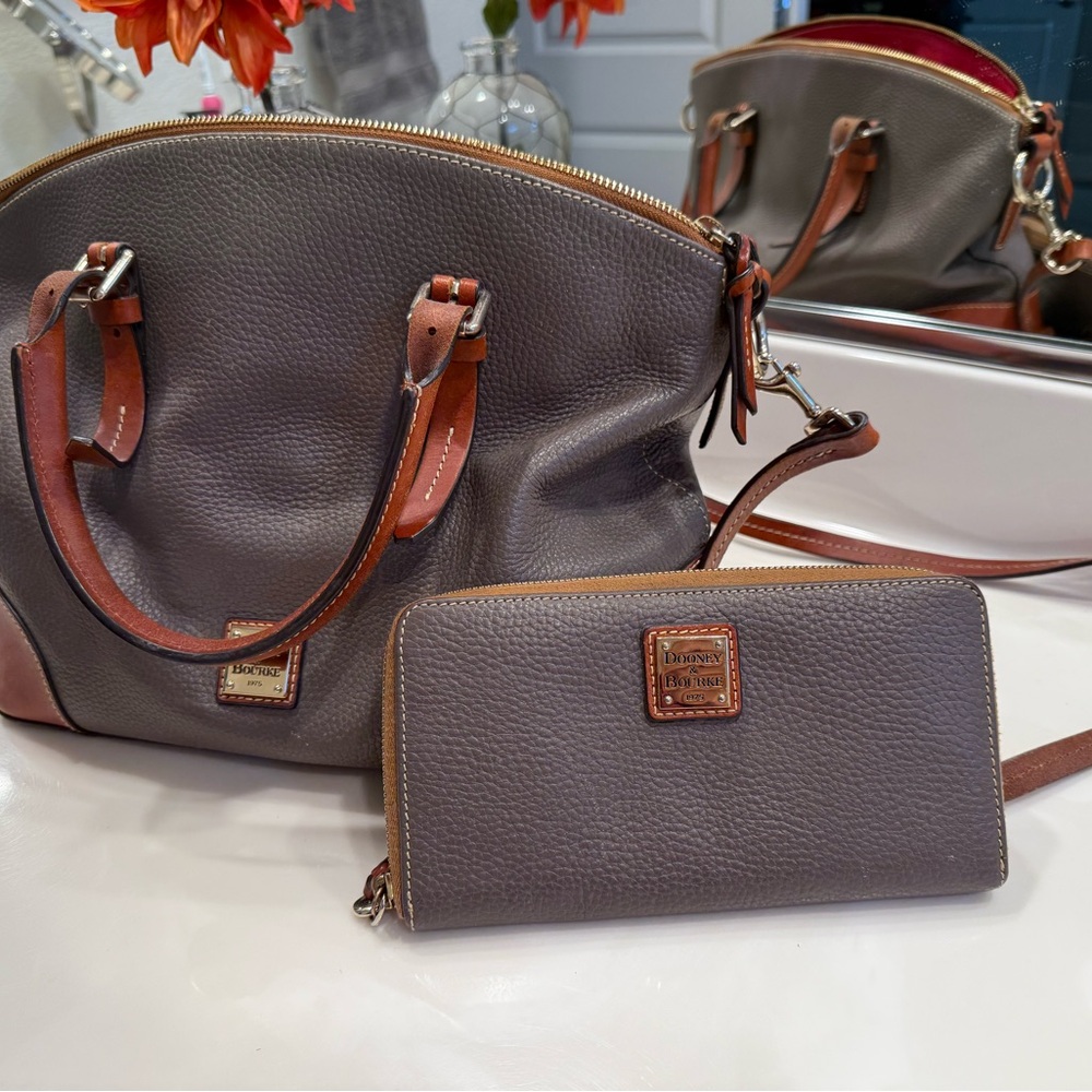 Dooney & Bourke Grey and Tan Leather Domed Satchel Set